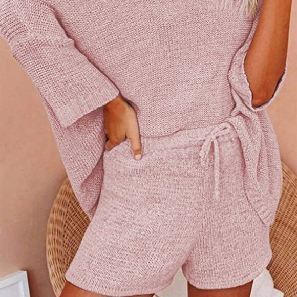 Pink Casual Women's Pure Color Asymmetric Neck Drop Sweater And Knitted Shorts - Picture 4 of 4